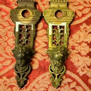 Antique door pull pair brass cherub